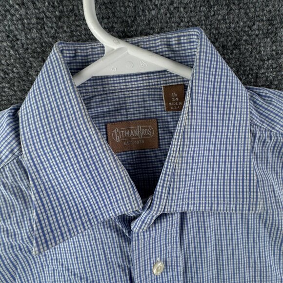Gitman Bros 15 34 USA Button Up Shirt Blue Check Long Sleeve Men Woven Adult ** - Picture 7 of 16